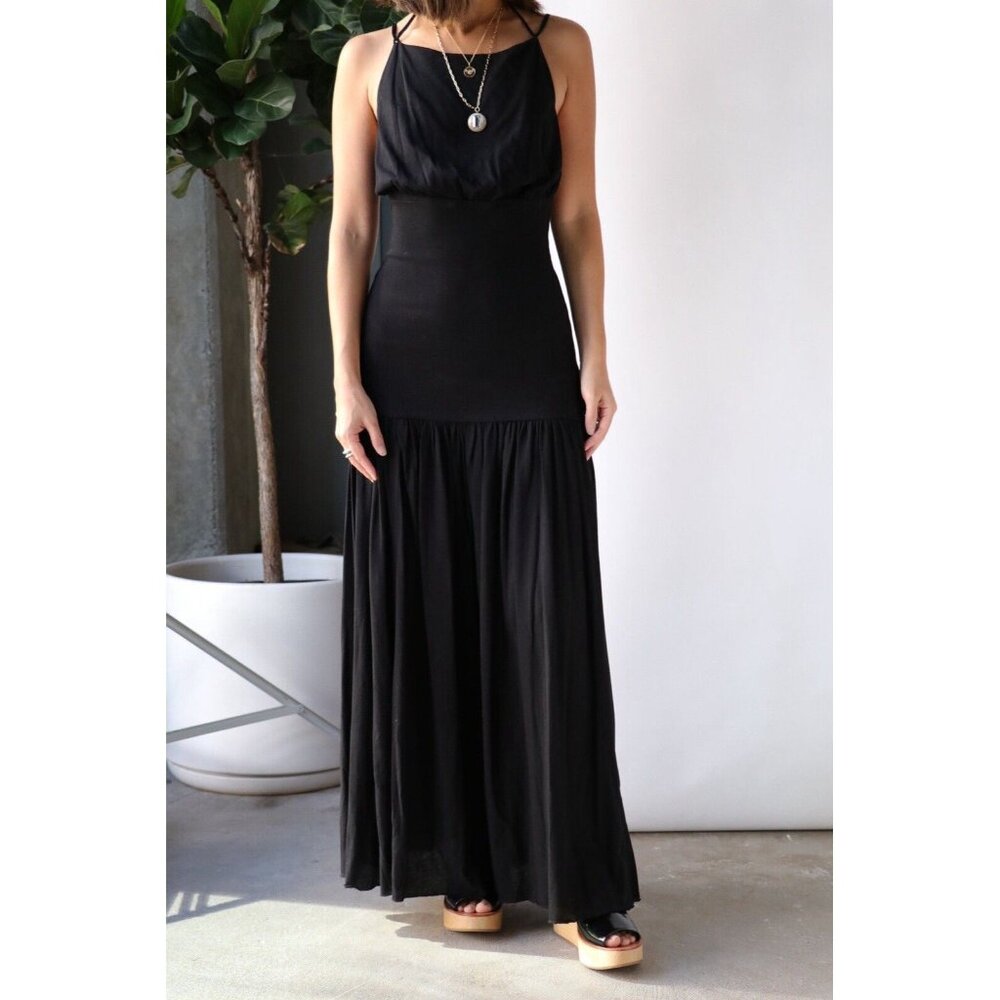 Bassike Cross Back Rib Insert Dress Black Maxi Organic Cotton
